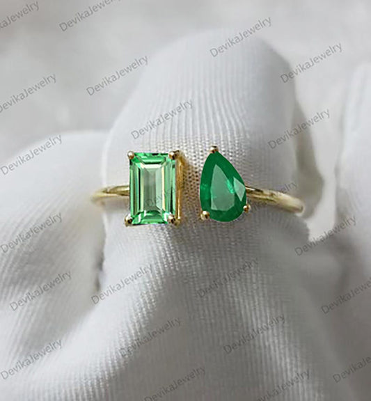 Baguette Green Sapphire & Pear Emerald 14k Gold Toi Et Moi Ring 5