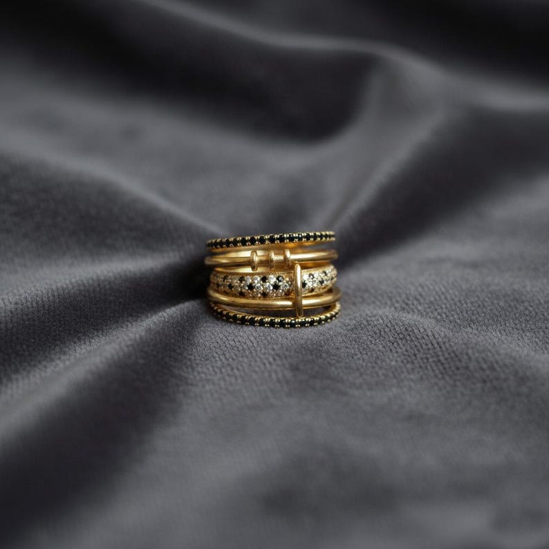 Black Onyx & Diamond Interlocking Band Ring – 925 Sterling Silver Chunky Statement Wedding Ring devika