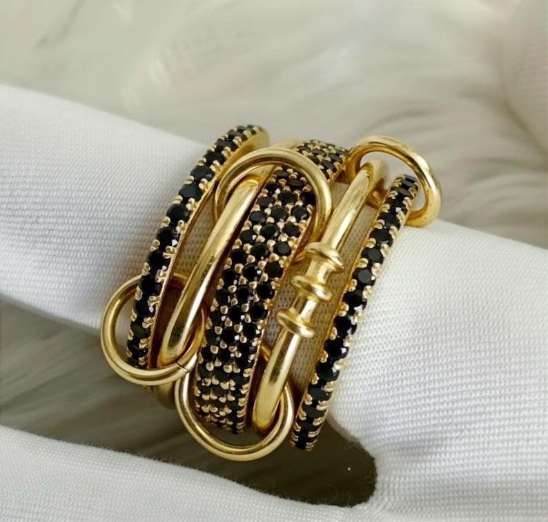 Black Spinel Five Interlocking Spinner Ring, 14k Gold Multi Linked Band devika