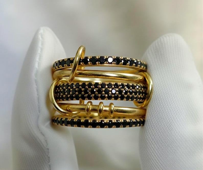 Black Spinel Five Interlocking Spinner Ring, 14k Gold Multi Linked Band devika