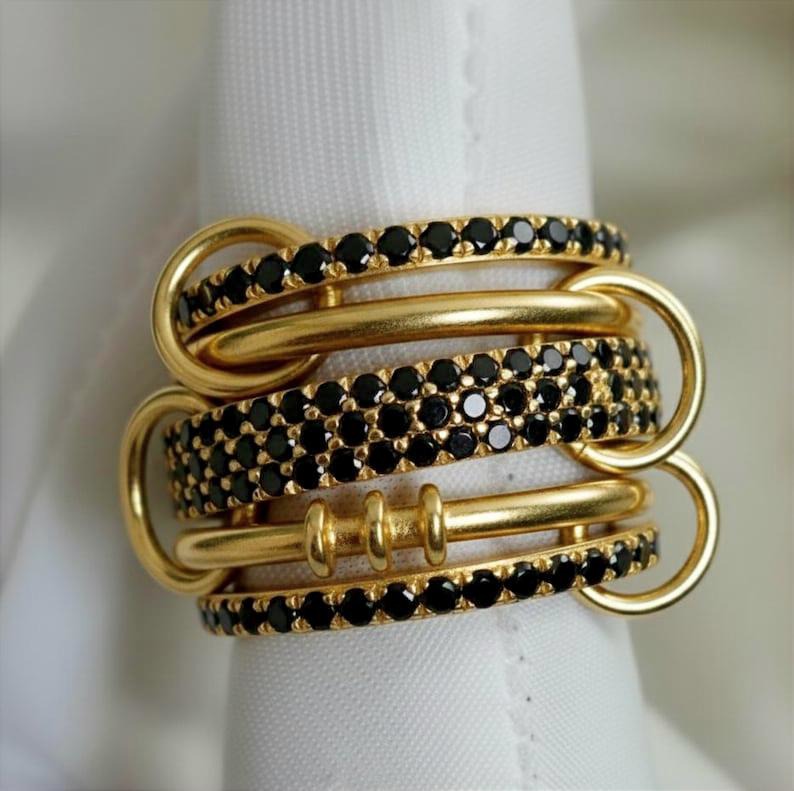 Black Spinel Five Interlocking Spinner Ring, 14k Gold Multi Linked Band devika gems