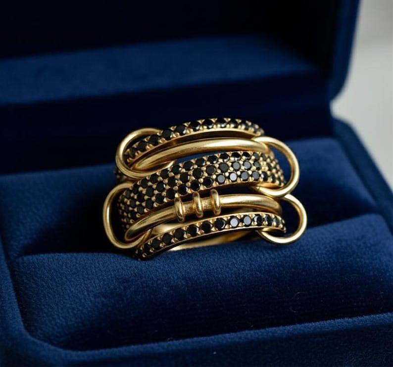 Black Spinel Five Interlocking Spinner Ring, 14k Gold Multi Linked Band devika gems
