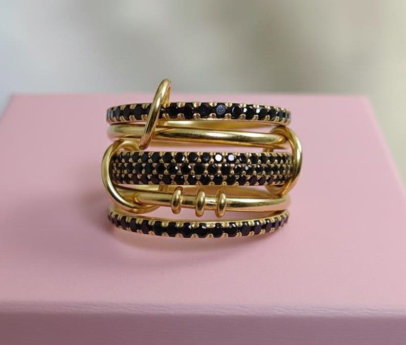 Black Spinel Five Interlocking Spinner Ring, 14k Gold Multi Linked Band davika