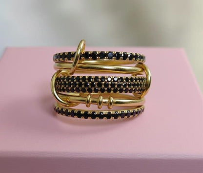 Black Spinel Five Interlocking Spinner Ring, 14k Gold Multi Linked Band davika