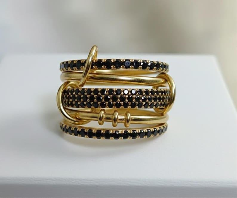 Black Spinel Five Interlocking Spinner Ring, 14k Gold Multi Linked Band gemstne devika