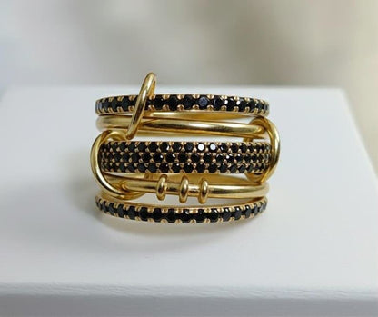 Black Spinel Five Interlocking Spinner Ring, 14k Gold Multi Linked Band gemstne devika