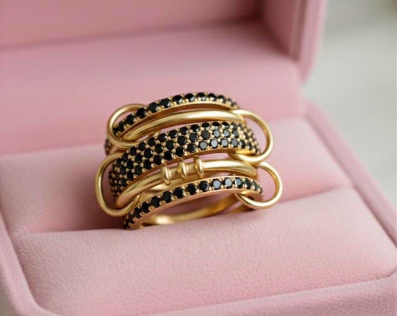 Black Spinel Five Interlocking Spinner Ring, 14k Gold Multi Linked Band devika