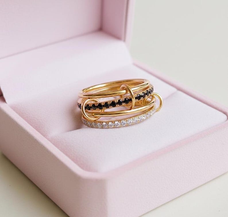 Black and White Diamond 4 Interlocking Ring, chunky Multi Linked connected 925 silver Jewelry devikajewels