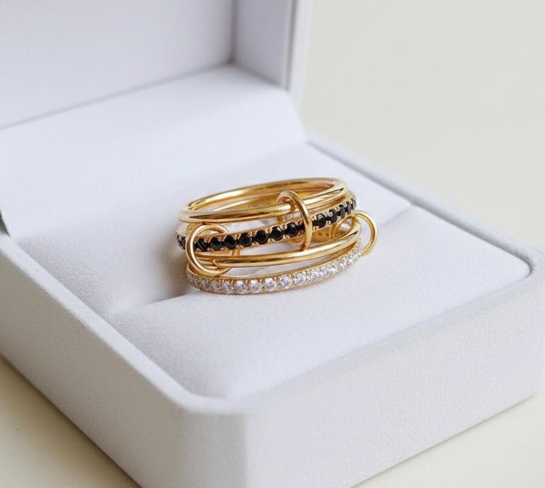 Black and White Diamond 4 Interlocking Ring, chunky Multi Linked connected 925 silver Jewelry gemstone devika