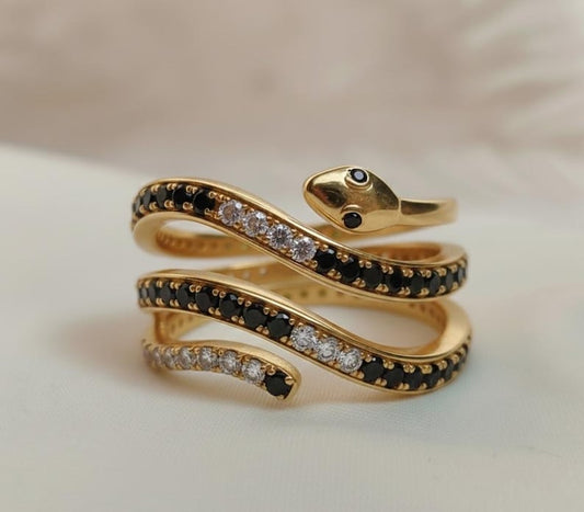 Black and White Diamond Snake Ring, serpent wrap 14k Gold  1