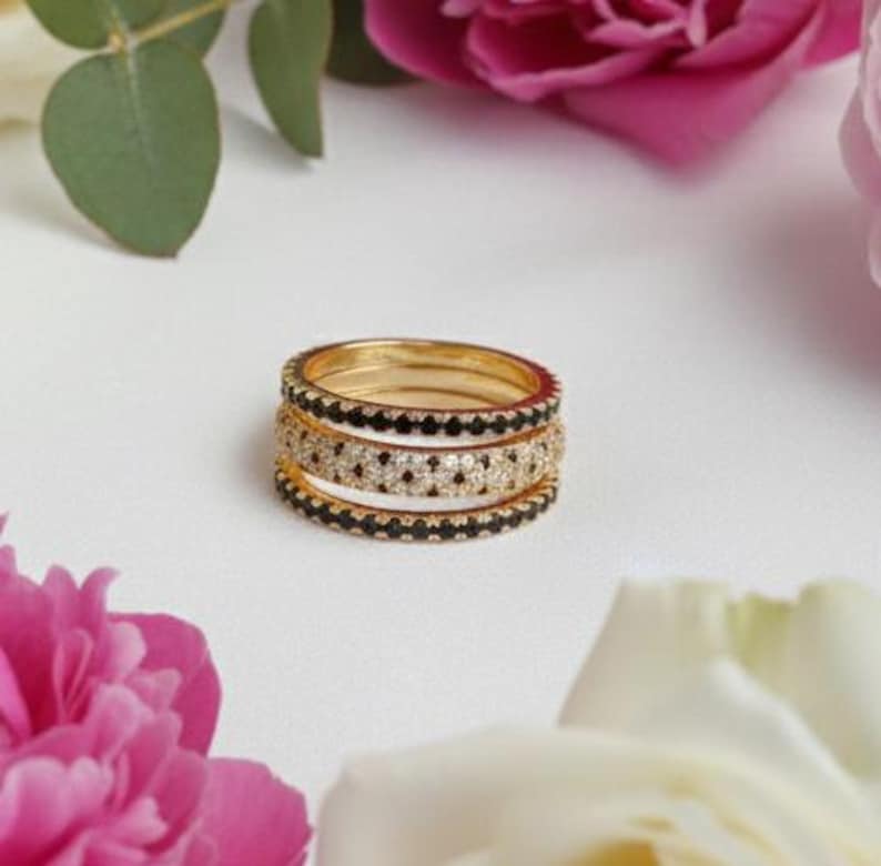 Black and white Diamond Interlocking Ring, Stacking Connected Band 1