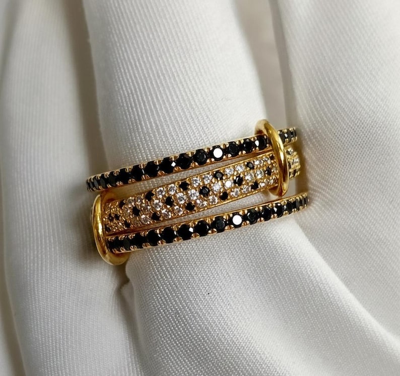 Black and white Diamond Interlocking Ring, Stacking Connected Band 2