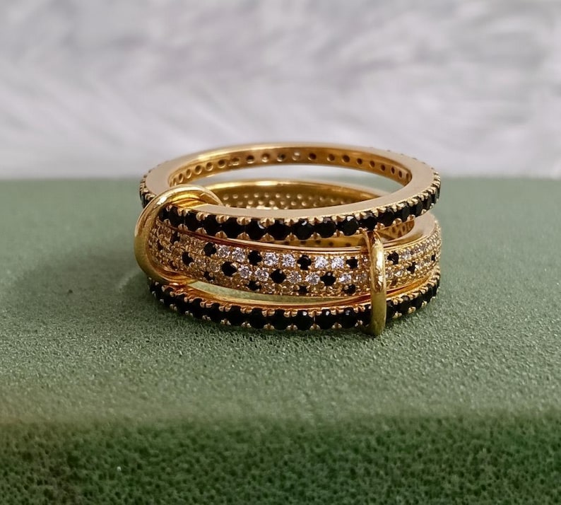 Black and white Diamond Interlocking Ring, Stacking Connected Band 3