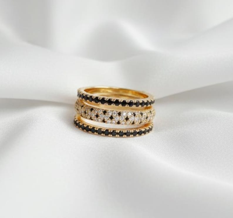 Black and white Diamond Interlocking Ring, Stacking Connected Band 7