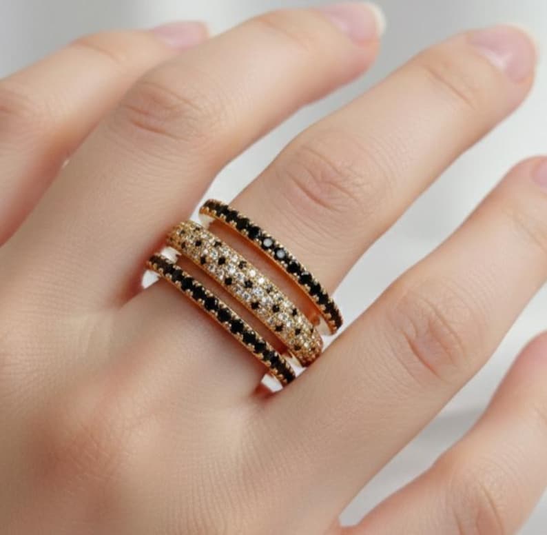 Black and white Diamond Interlocking Ring, Stacking Connected Band 8