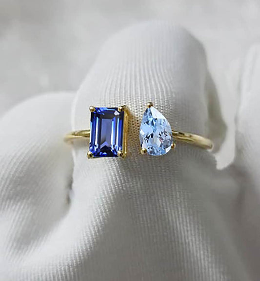 Blue Sapphire Aquamarine Toi Et Moi Ring 14k Yellow Vermeil Stacking Birthday Gifts Ring 3