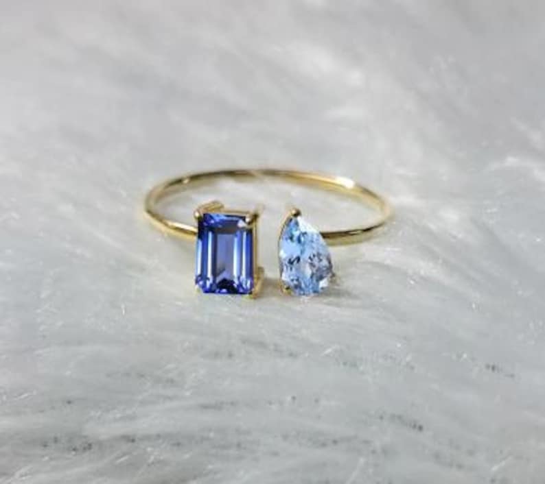 Blue Sapphire Aquamarine Toi Et Moi Ring 14k Yellow Vermeil Stacking Birthday Gifts Ring 4
