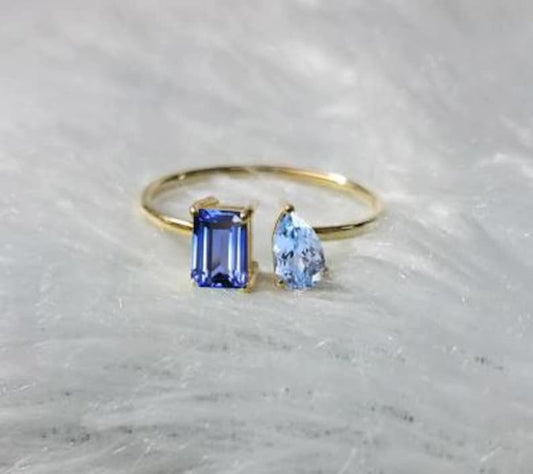 Blue Sapphire Aquamarine Toi Et Moi Ring 14k Yellow Vermeil Stacking Birthday Gifts Ring 4