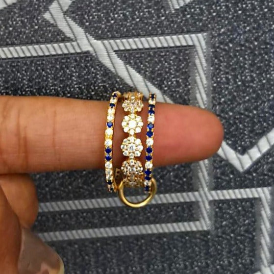 Blue Sapphire Diamond Interlocking Chunky Triple Trio Band Ring in 925 Sterling Silver devuika jewels