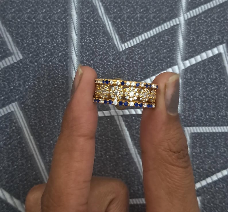 Blue Sapphire Diamond Interlocking Chunky Triple Trio Band Ring in 925 Sterling Silver devika