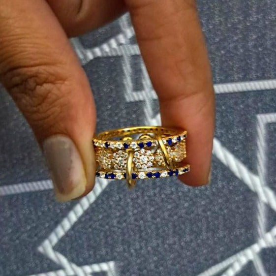 Blue Sapphire Diamond Interlocking Chunky Triple Trio Band Ring in 925 Sterling Silver davikaa gemstone