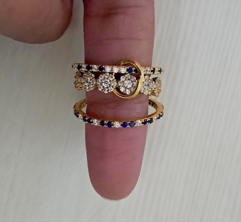 Blue Sapphire Diamond Interlocking Chunky Triple Trio Band Ring in 925 Sterling Silver devikaa 