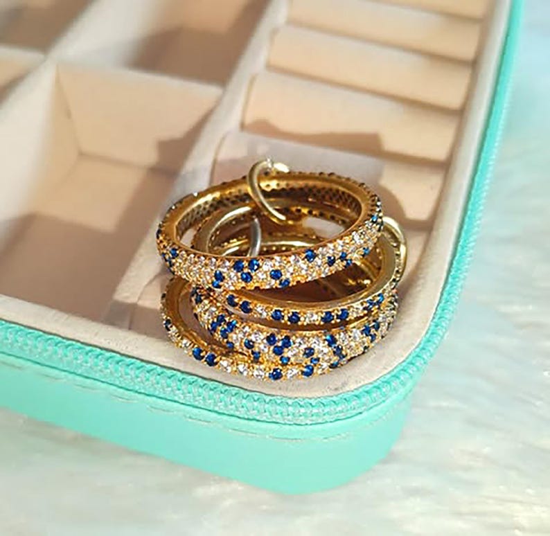 Blue Sapphire Diamond Interlocking Ring 925 Sterling Silver Spinner Three Band Wedding Ring 4