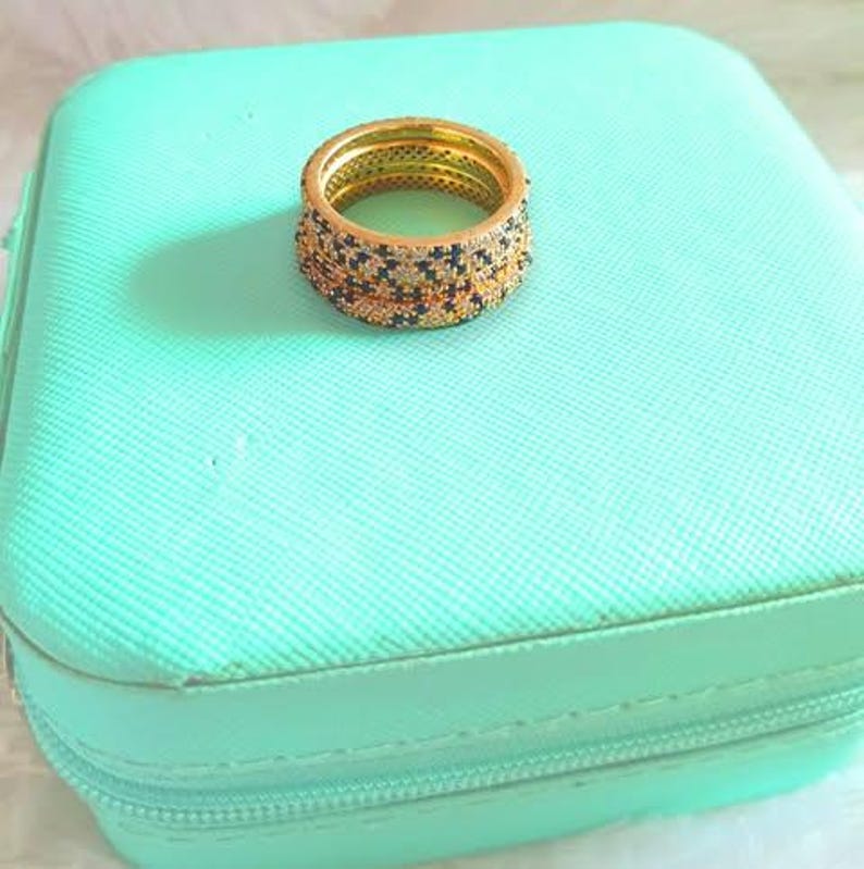 Blue Sapphire Diamond Interlocking Ring 925 Sterling Silver Spinner Three Band Wedding Ring devikagemsjewels