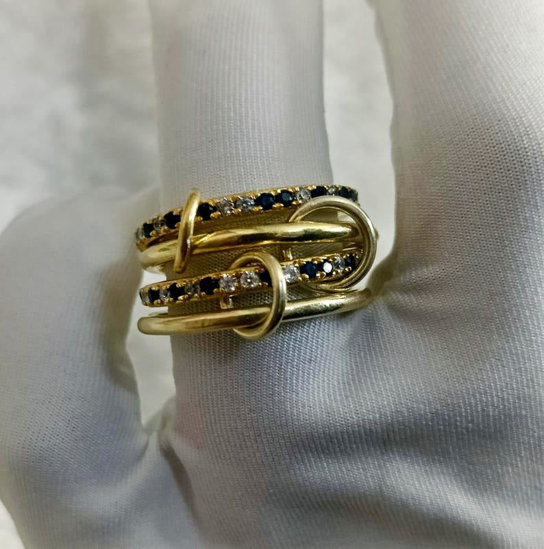 Blue Sapphire Diamond Interlocking Ring, Connected Multi Linked 925 Silver Four Band devika