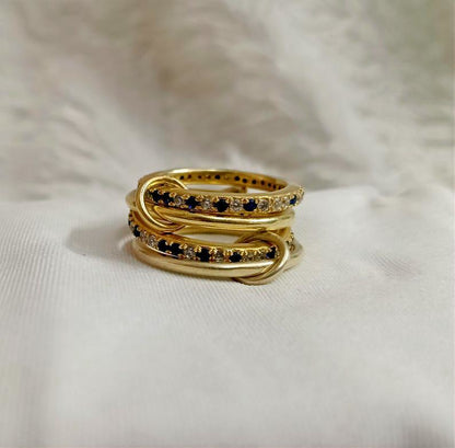 Blue Sapphire Diamond Interlocking Ring, Connected Multi Linked 925 Silver Four Band devika gem jewels