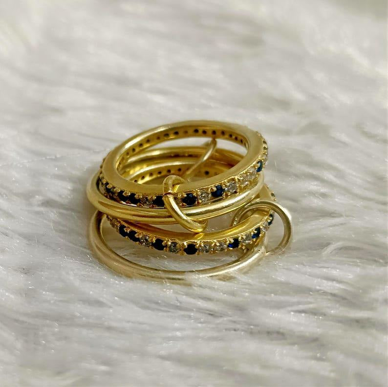 Blue Sapphire Diamond Interlocking Ring, Connected Multi Linked 925 Silver Four Band devika jewels 