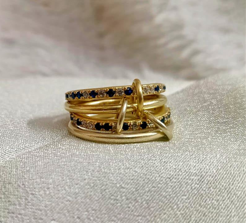 Blue Sapphire Diamond Interlocking Ring, Connected Multi Linked 925 Silver Four Band davikajewels