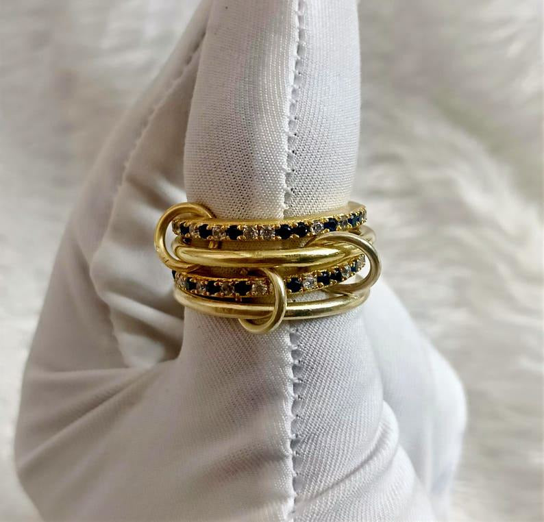 Blue Sapphire Diamond Interlocking Ring, Connected Multi Linked 925 Silver Four Band jewels devika