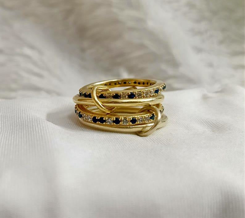 Blue Sapphire Diamond Interlocking Ring, Connected Multi Linked 925 Silver Four Band devika jewels gemstone