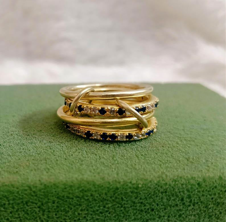 Blue Sapphire Diamond Interlocking Ring, Connected Multi Linked 925 Silver Four Band devika gems stone
