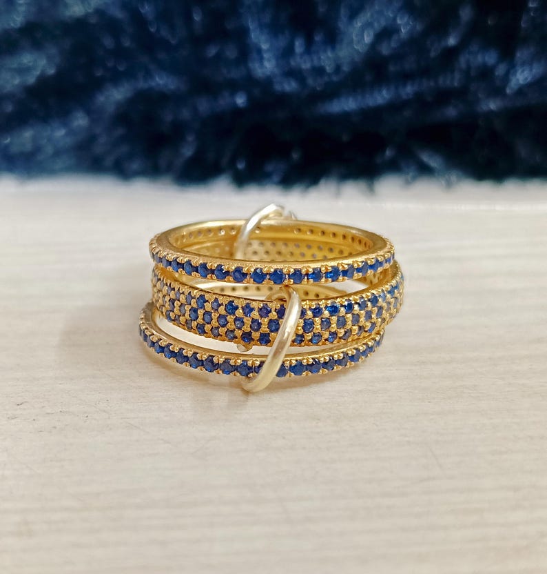 Blue Sapphire Interlocking Band 925 Sterling Silver Connected Stacker Ring devikaa