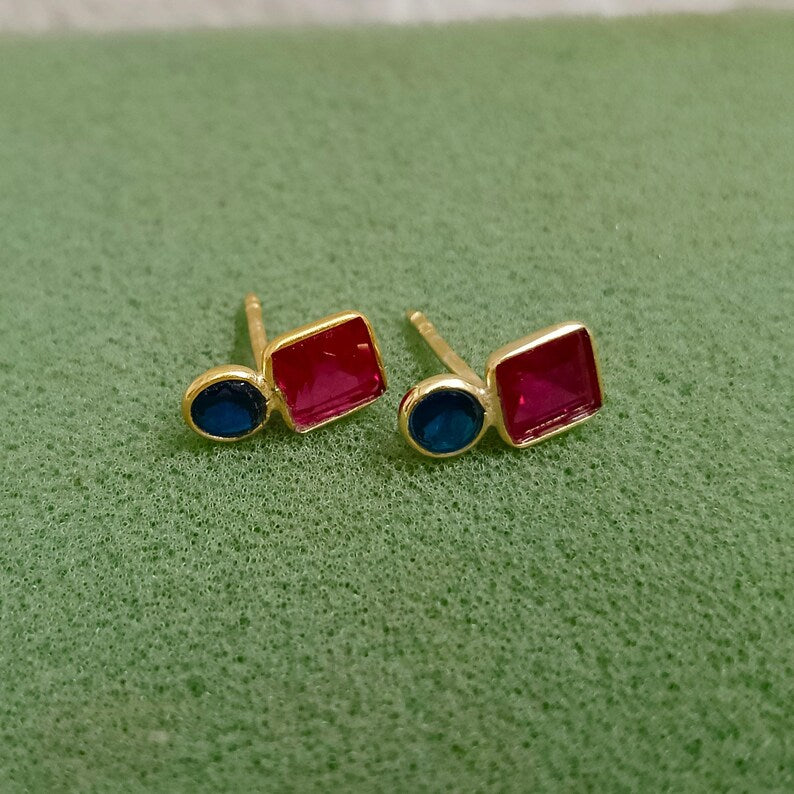 Blue Sapphire & Ruby Two Stone Stud Earrings | 925 Sterling Silver Jewelry devika jewels