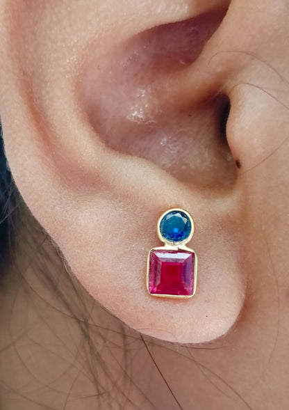 Blue Sapphire & Ruby Two Stone Stud Earrings | 925 Sterling Silver Jewelry deveka