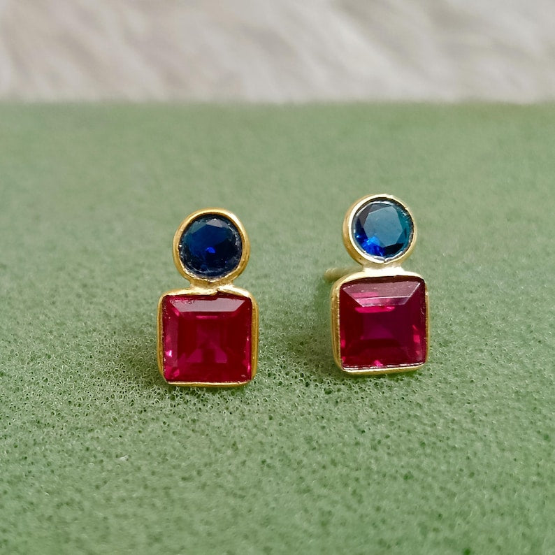 Blue Sapphire & Ruby Two Stone Stud Earrings | 925 Sterling Silver Jewelry devika
