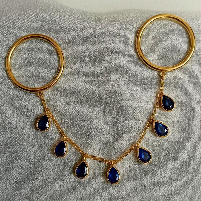 Blue Sapphire Tassel Shake Drop Chain Ring, Solid 14k Gold Two finger Handmade Jewelry devika gems