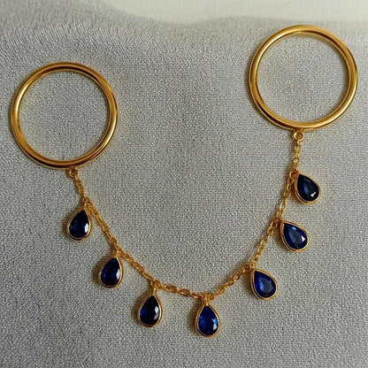Blue Sapphire Tassel Shake Drop Chain Ring, Solid 14k Gold Two finger Handmade Jewelry devika gems