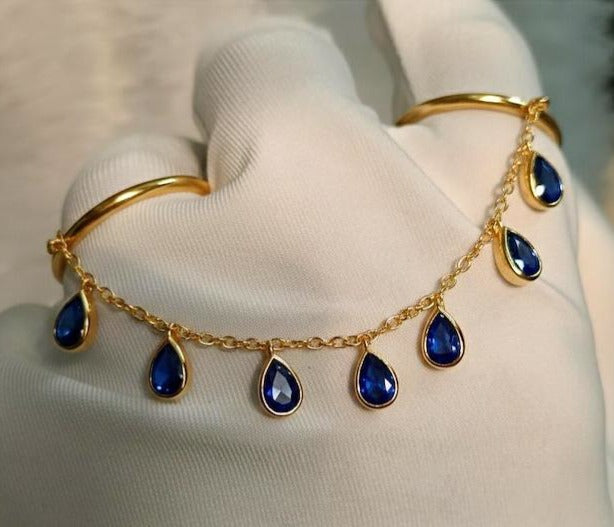 Blue Sapphire Tassel Shake Drop Chain Ring, Solid 14k Gold Two finger Handmade Jewelry devika gem