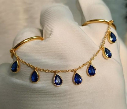 Blue Sapphire Tassel Shake Drop Chain Ring, Solid 14k Gold Two finger Handmade Jewelry devika gem