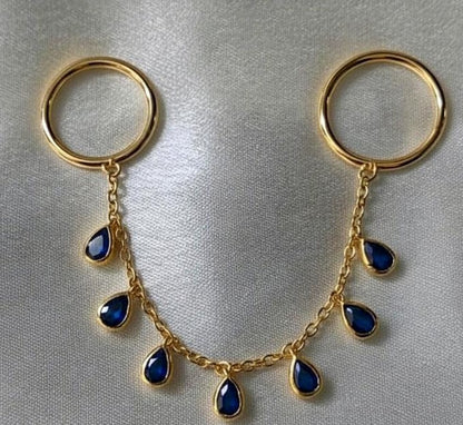 Blue Sapphire Tassel Shake Drop Chain Ring, Solid 14k Gold Two finger Handmade Jewelry devika jewels