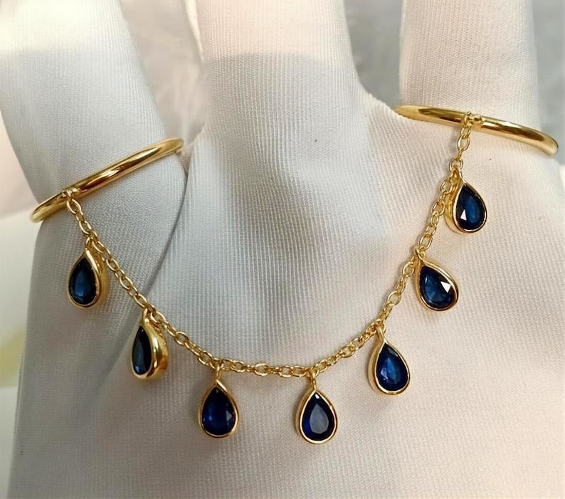 Blue Sapphire Tassel Shake Drop Chain Ring, Solid 14k Gold Two finger Handmade Jewelry devika