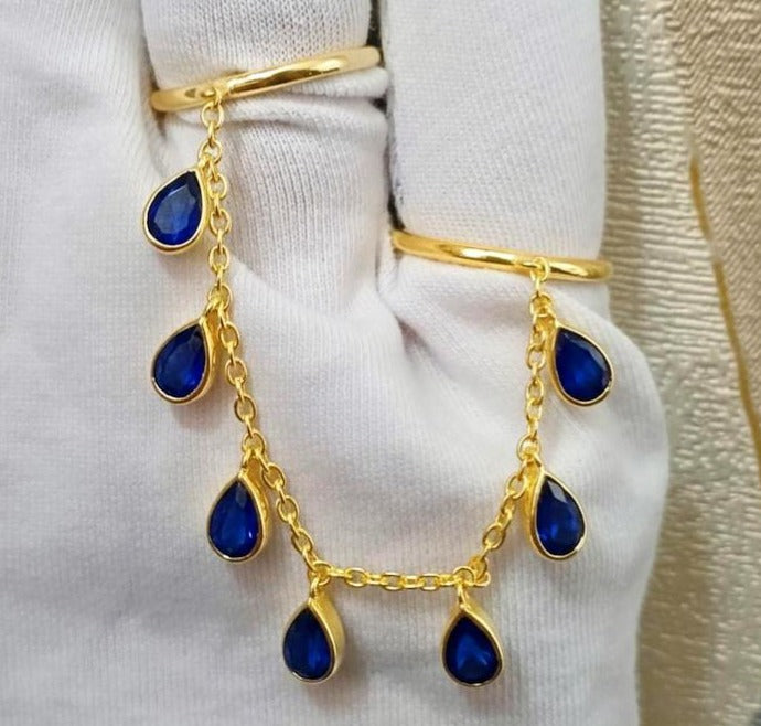 Blue Sapphire Tassel Shake Drop Chain Ring, Solid 14k Gold Two finger Handmade Jewelry devika gem