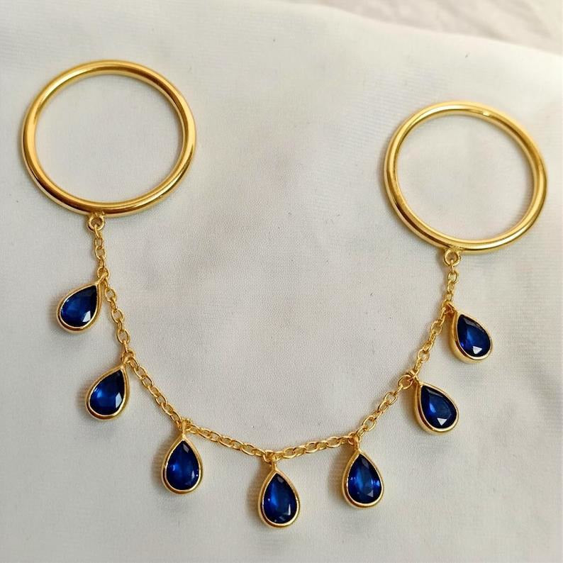 Blue Sapphire Tassel Shake Drop Chain Ring, Solid 14k Gold Two finger Handmade Jewelry devika