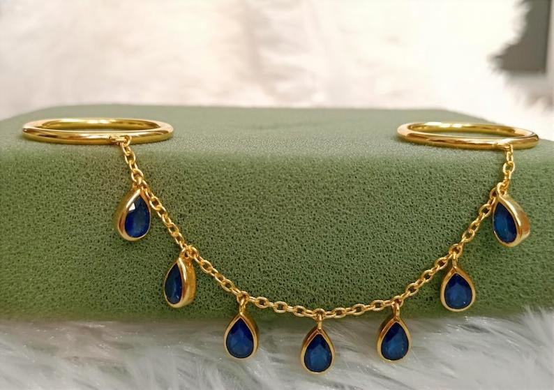 Blue Sapphire Tassel Shake Drop Chain Ring, Solid 14k Gold Two finger Handmade Jewelry devikagem
