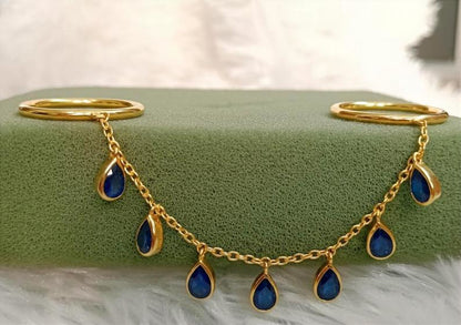 Blue Sapphire Tassel Shake Drop Chain Ring, Solid 14k Gold Two finger Handmade Jewelry devikagem