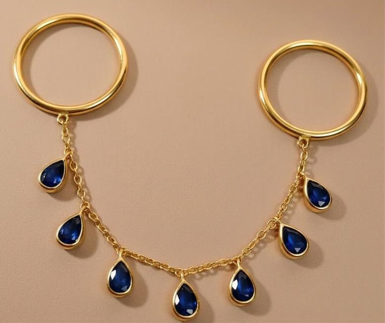 Blue Sapphire Tassel Shake Drop Chain Ring, Solid 14k Gold Two finger Handmade Jewelry devikaa